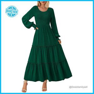 Swiss Dot Maxi Dress Smocked Bust Long Sleeve Boho Chic Wedding Guest